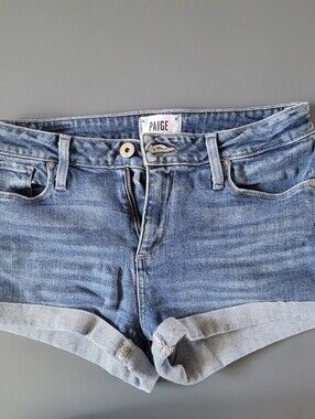 PAIGE Jimmy Jimmy Mid Blue Rolled Hem Denim Shorts size 26 cuffed